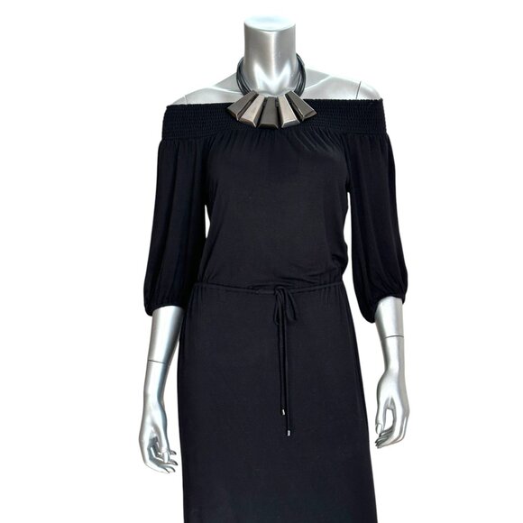 Ella Moss Black Off-Shoulder Smocked Neckline Midi Dress M - Picture 4 of 12